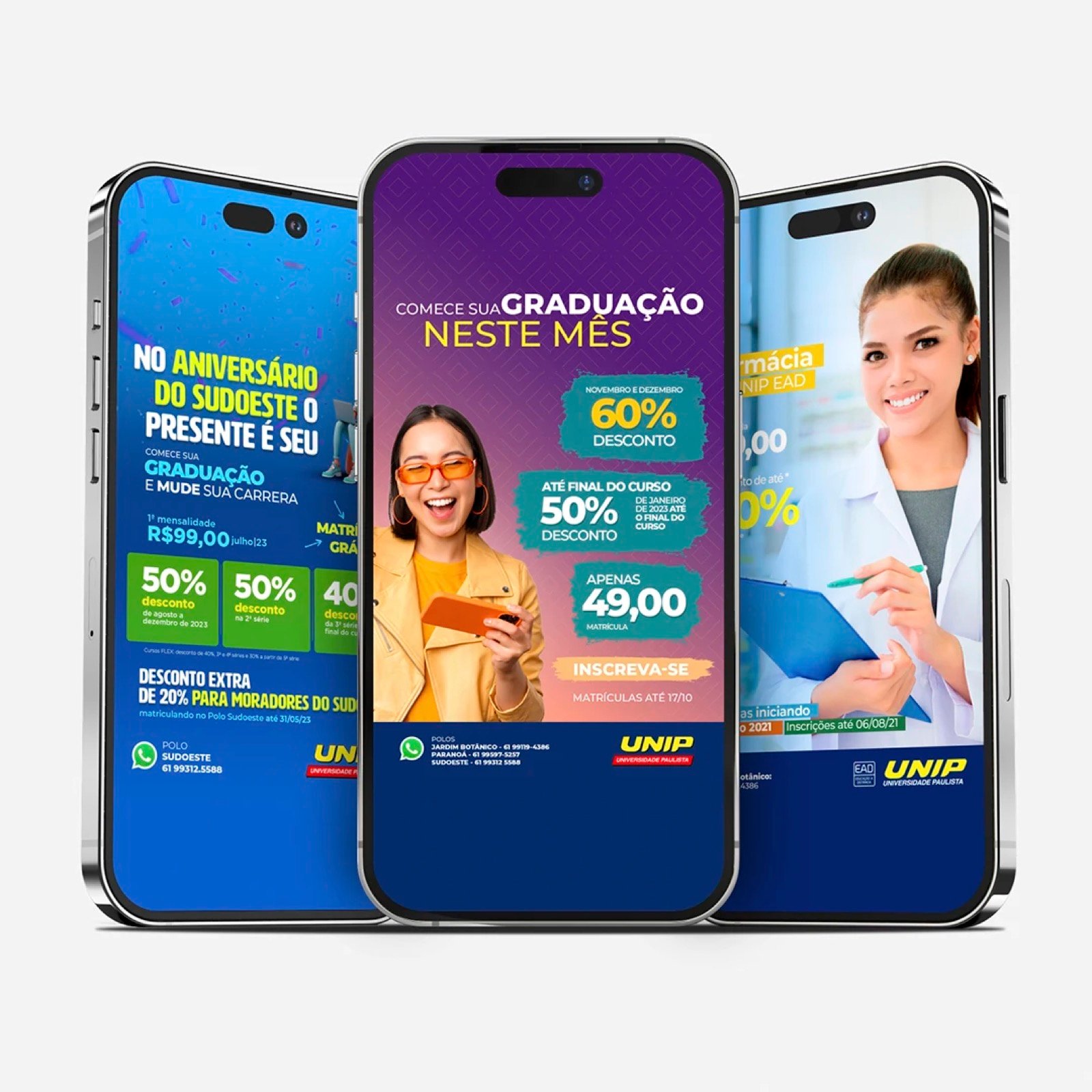Três celulares exibindo peças de social media da UNIP EAD